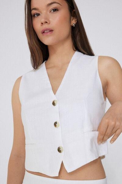 White Canvas V-Neck Gilet, White, large image number 3