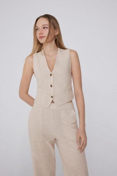 Beige Canvas V-Neck Gilet, 5701_563Y, large image number 0