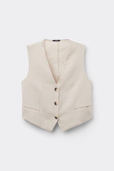 Beige Canvas V-Neck Gilet, 5701_563Y, large image number 2