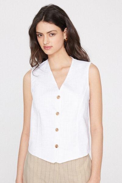White Linen-Look 100% Cotton Canvas Gilet, White, large image number 1