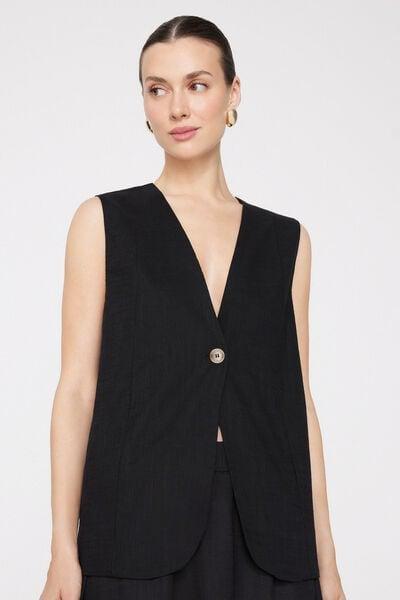 Black Linen-Look 100% Cotton Canvas Long Gilet, Black, large image number 1