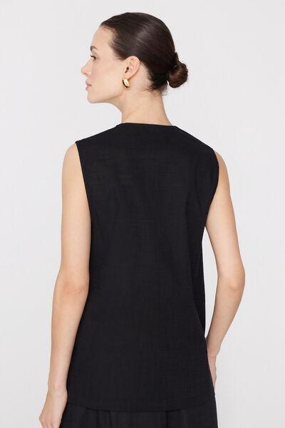 Black Linen-Look 100% Cotton Canvas Long Gilet, Black, large image number 2
