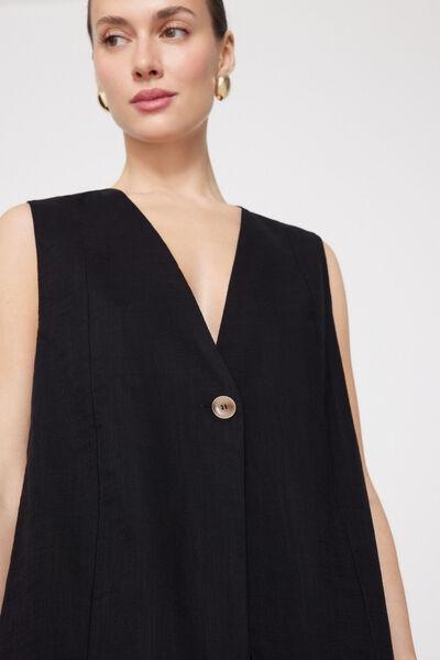 Black Linen-Look 100% Cotton Canvas Long Gilet, Black, large image number 3
