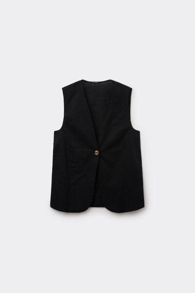 Black Linen-Look 100% Cotton Canvas Long Gilet, Black, large image number 4