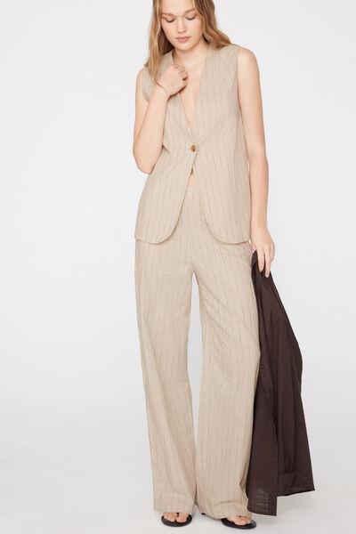 Beige Linen-Look 100% Cotton Canvas Long Gilet, 5701_347Z, large image number 0