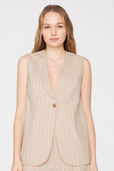 Beige Linen-Look 100% Cotton Canvas Long Gilet, 5701_347Z, large image number 1