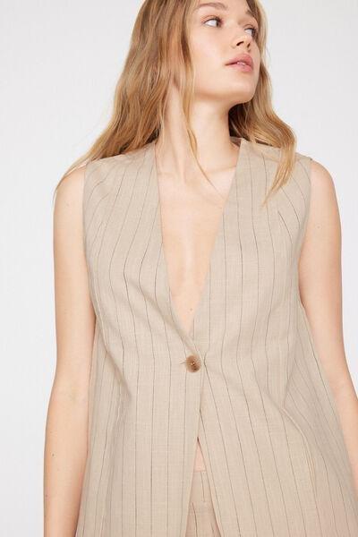 Beige Linen-Look 100% Cotton Canvas Long Gilet, 5701_347Z, large image number 3
