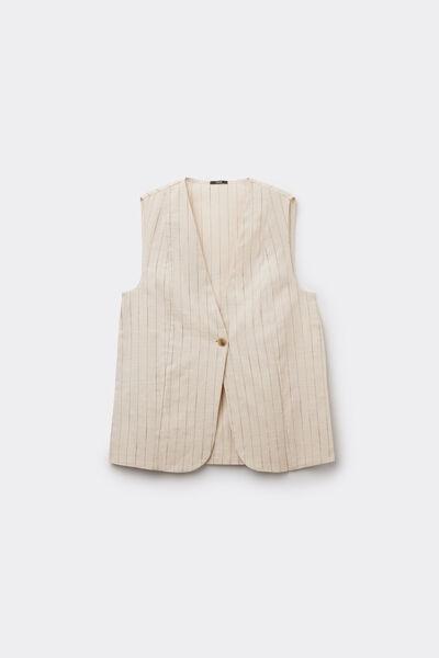 Beige Linen-Look 100% Cotton Canvas Long Gilet, 5701_347Z, large image number 4