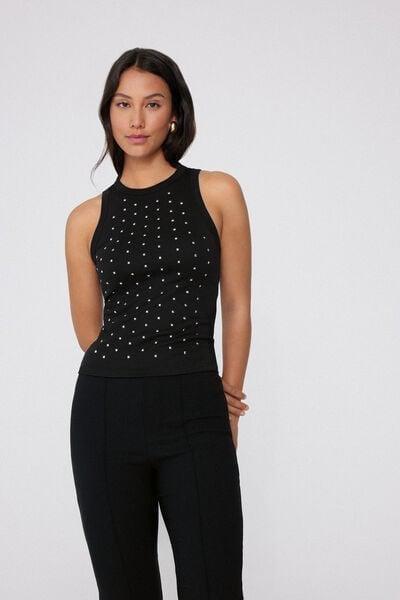 Black Ribbed Racer Back Camisole, Black, medium