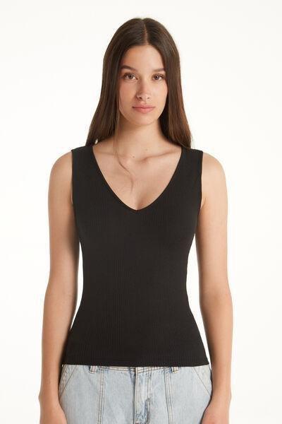 Black V Neck Ribbed Vest Top Tezenis