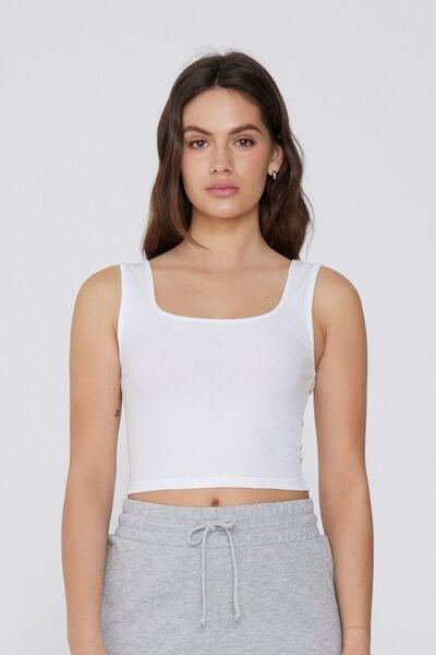 White Ribbed Crop Top, White, medium