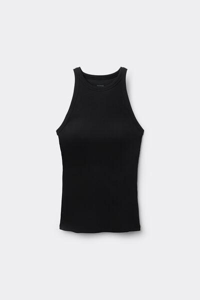 Black Ribbed Cotton Racerback Vest Top, Black, large image number 4
