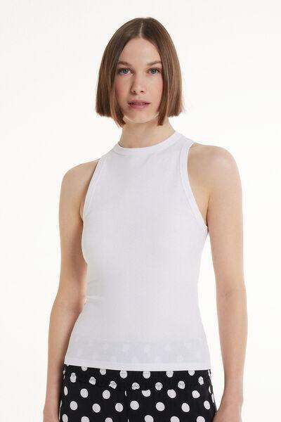 White Ribbed Cotton Racer Back Tank Top, , medium