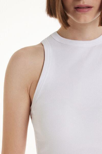 White Ribbed Cotton Racer Back Tank Top, , large image number 3