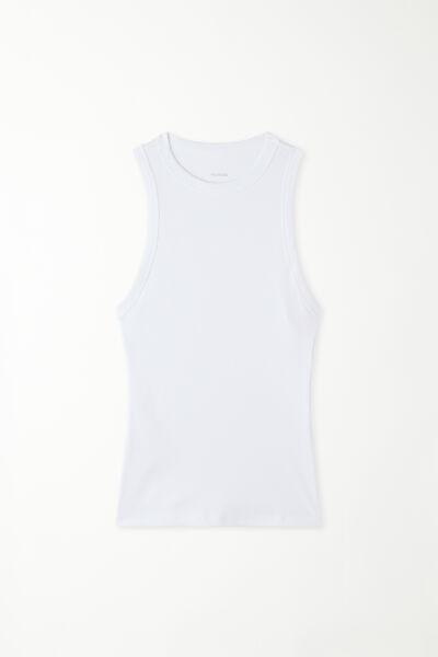 White Ribbed Cotton Racer Back Tank Top, , large image number 4