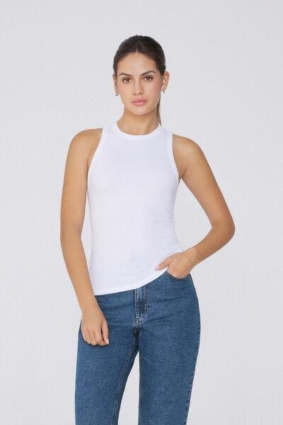 White Ribbed Racer Back Tank Top, White, large image number 5
