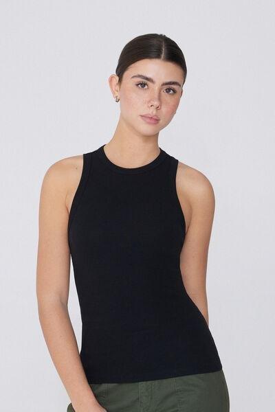 Black Ribbed Racer Back Tank Top, , large image number 0