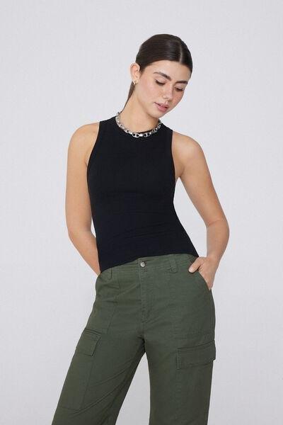 Black Ribbed Racer Back Tank Top, Black, large image number 5