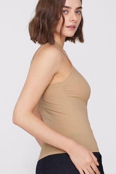 Beige Ribbed Cotton Racer Back Camisole, 5701_361Z, large image number 3