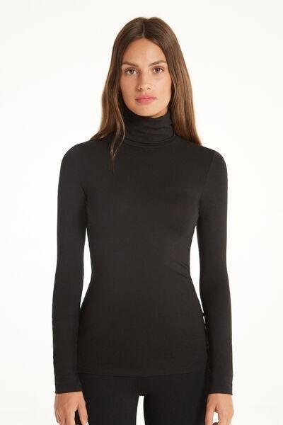 Tezenis - BLACK Long Sleeve Viscose Polo Neck Top