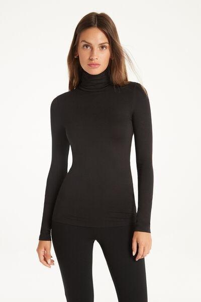 Tezenis - BLACK Long Sleeve Viscose Polo Neck Top