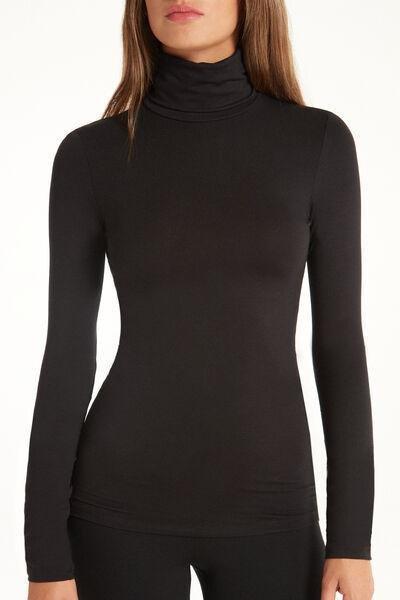 Tezenis - BLACK Long Sleeve Viscose Polo Neck Top