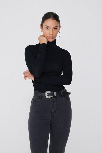Black Long Sleeve Polo Neck Top, Black, large image number 7