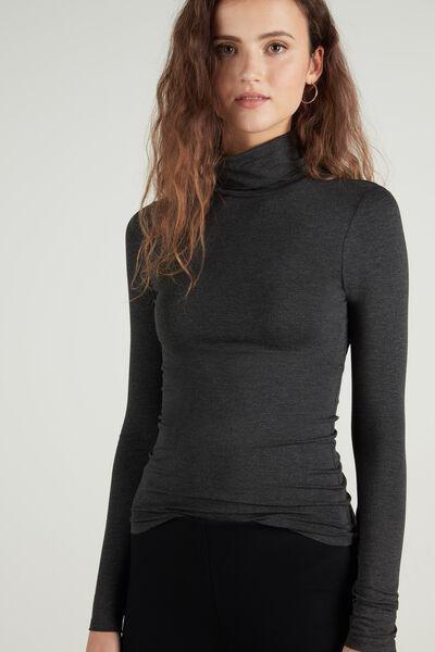 Grey High Neck Viscose Shirt, Dark Grey Blend, large image number 1