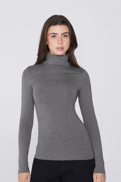 Grey Long Sleeve Viscose Polo Neck Top, , large image number 0