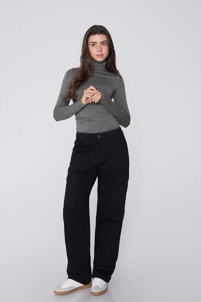 Grey Long Sleeve Viscose Polo Neck Top, , large image number 1