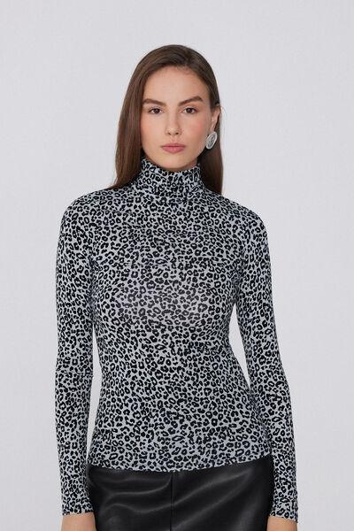 Grey Animal Print Long Sleeve Viscose Top, 5701_985Y, large image number 1