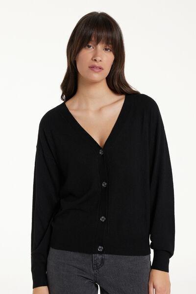 Black Buttoned Long-Sleeved Wool Cardigan, , large image number 0