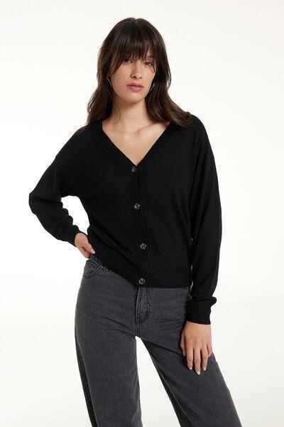 Black Buttoned Long-Sleeved Wool Cardigan, , large image number 1
