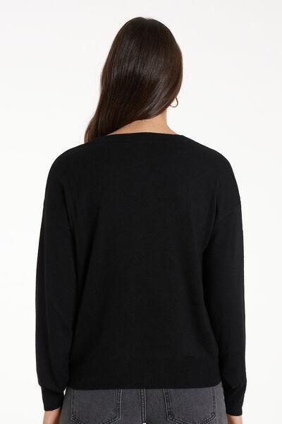 Black Buttoned Long-Sleeved Wool Cardigan, , large image number 2