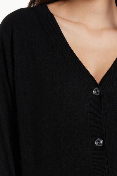 Black Buttoned Long-Sleeved Wool Cardigan, , large image number 3