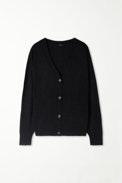 Black Buttoned Long-Sleeved Wool Cardigan, , large image number 4