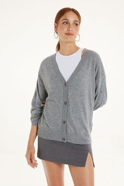 Grey Buttoned Long-Sleeved Cardigan, , large image number 1