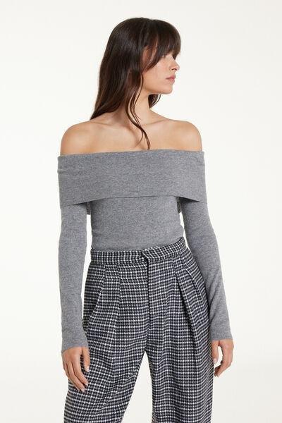 Grey Long Sleeved Off-Shoulder Sweater, 5701_929V, large image number 0