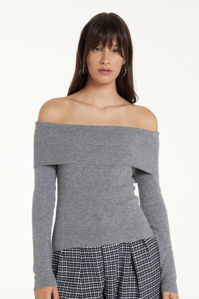 Grey Long Sleeved Off-Shoulder Sweater, 5701_929V, large image number 1