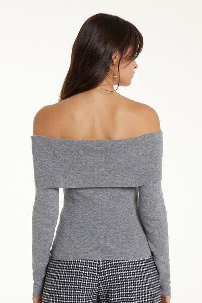 Grey Long Sleeved Off-Shoulder Sweater, 5701_929V, large image number 2