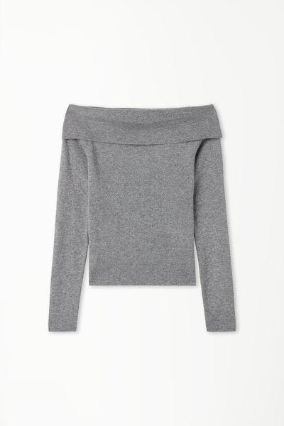 Grey Long Sleeved Off-Shoulder Sweater, 5701_929V, large image number 4