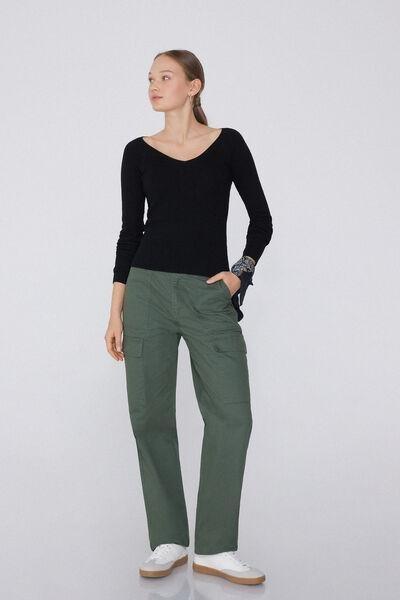 Black Ribbed V-Neck Sweater, Black, large image number 0