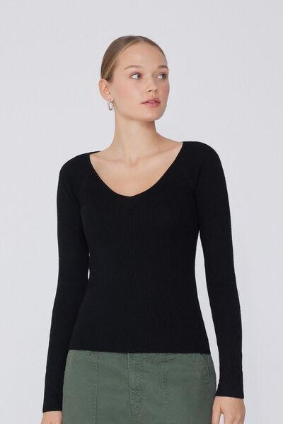 Black Ribbed V-Neck Sweater, Black, large image number 1