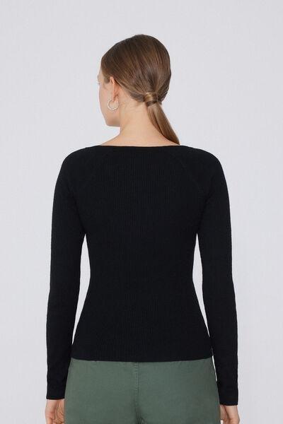 Black Ribbed V-Neck Sweater, Black, large image number 2