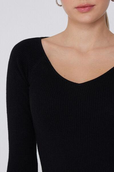 Black Ribbed V-Neck Sweater, Black, large image number 3