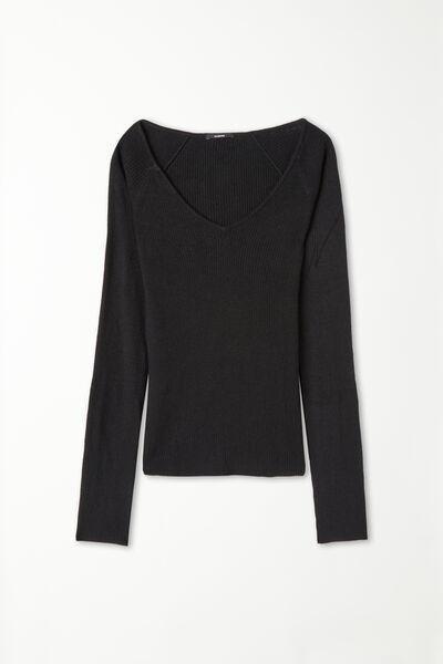 Black Ribbed V-Neck Sweater, Black, large image number 4