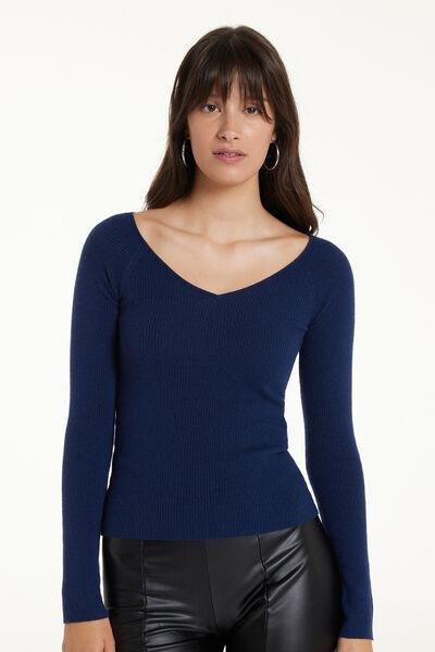 Blue Long-Sleeved V-Neck Heavy Ribbed Jersey, , large image number 1