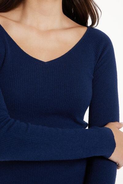 Blue Long-Sleeved V-Neck Heavy Ribbed Jersey, , large image number 2