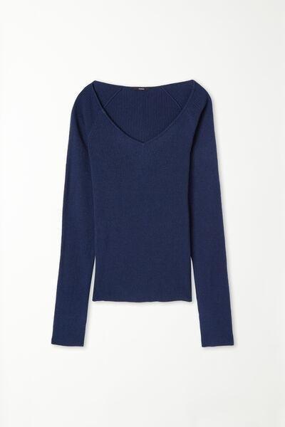 Blue Long-Sleeved V-Neck Heavy Ribbed Jersey, , large image number 3