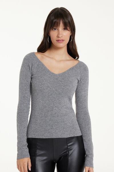 Grey Ribbed V-Neck Sweater, 5701_929V, large image number 1